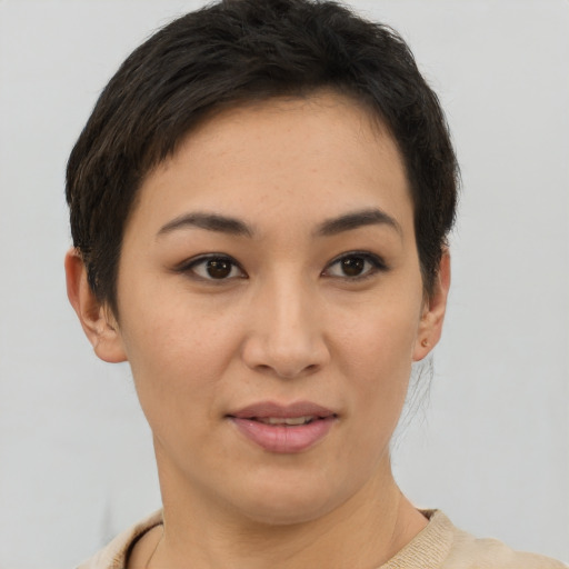 Joyful asian young-adult female with short  brown hair and brown eyes