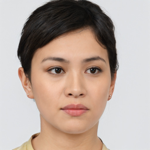 Neutral white young-adult female with short  brown hair and brown eyes