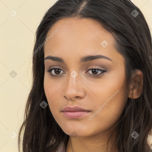 Neutral latino young-adult female with long  brown hair and brown eyes