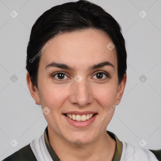 Joyful white young-adult female with short  black hair and brown eyes