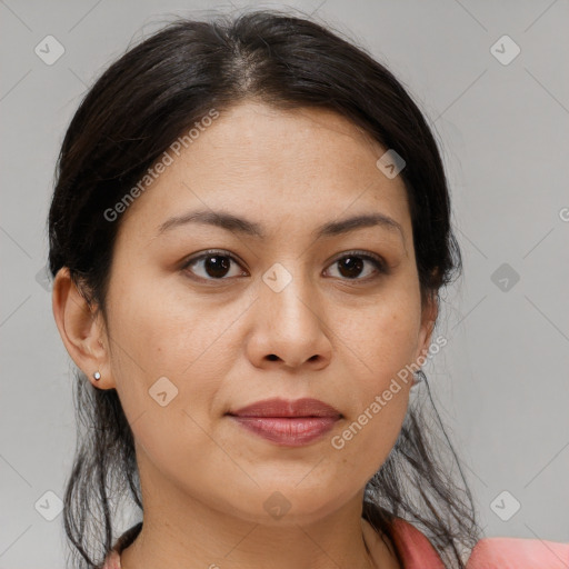 Joyful white young-adult female with medium  brown hair and brown eyes