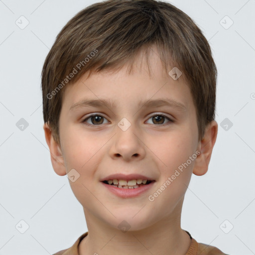 Joyful white child male with short  brown hair and brown eyes