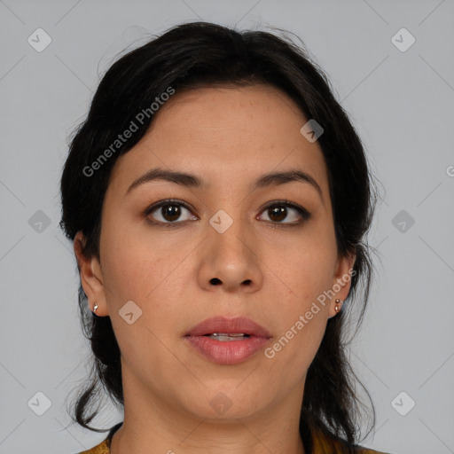 Neutral asian young-adult female with medium  brown hair and brown eyes