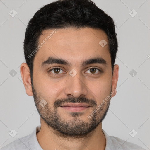 Joyful white young-adult male with short  black hair and brown eyes