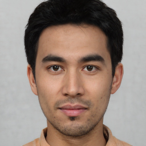 Neutral asian young-adult male with short  black hair and brown eyes