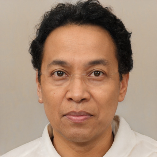 Joyful latino adult male with short  brown hair and brown eyes