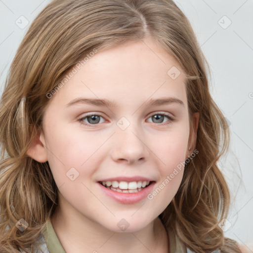 Joyful white child female with medium  brown hair and grey eyes