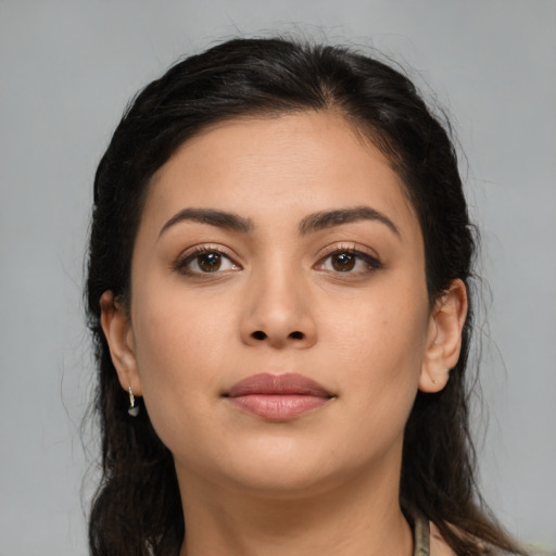 Neutral asian young-adult female with long  brown hair and brown eyes