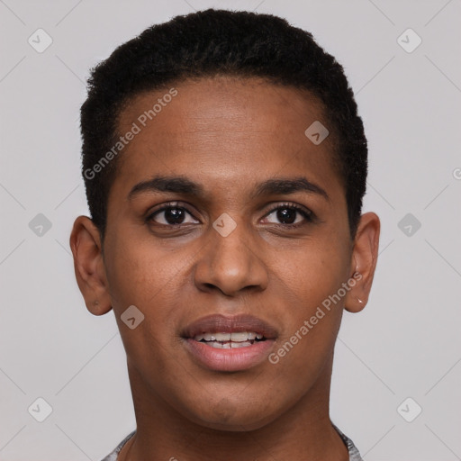 Joyful black young-adult male with short  brown hair and brown eyes