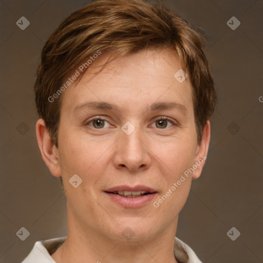 Joyful white adult female with short  brown hair and brown eyes