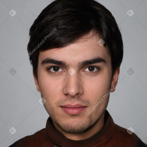 Neutral white young-adult male with short  brown hair and brown eyes