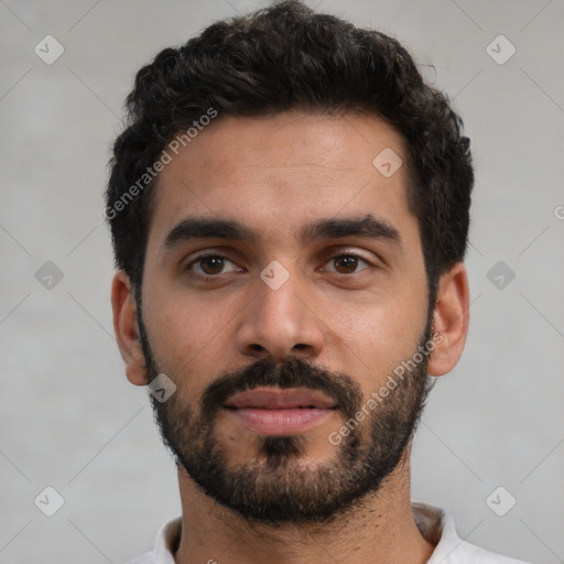 Neutral latino young-adult male with short  black hair and brown eyes