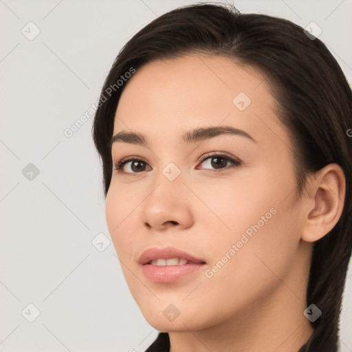 Neutral white young-adult female with long  brown hair and brown eyes