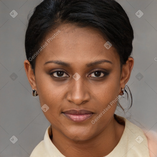 Joyful latino young-adult female with short  brown hair and brown eyes