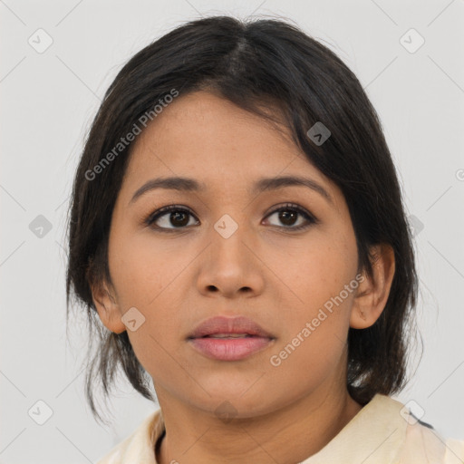 Neutral asian young-adult female with medium  brown hair and brown eyes