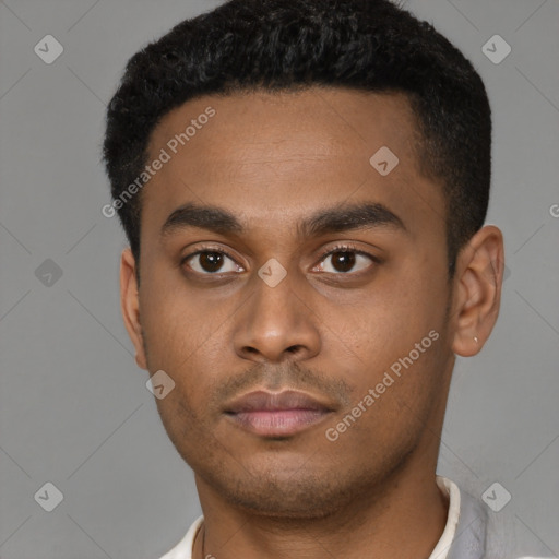 Neutral latino young-adult male with short  black hair and brown eyes