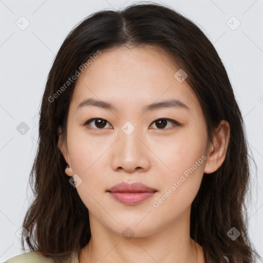 Neutral asian young-adult female with long  brown hair and brown eyes