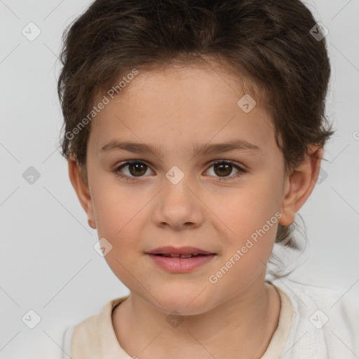 Joyful white child female with short  brown hair and brown eyes