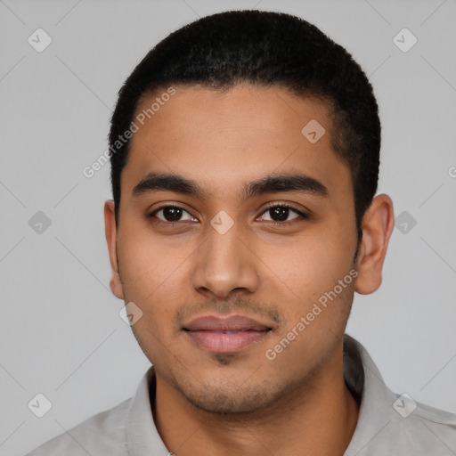 Neutral latino young-adult male with short  black hair and brown eyes