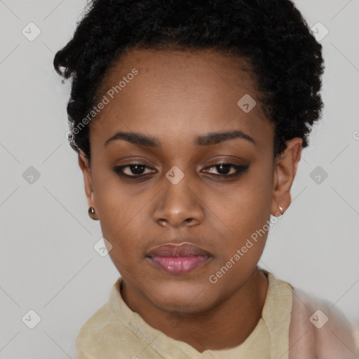 Neutral black young-adult female with short  black hair and brown eyes