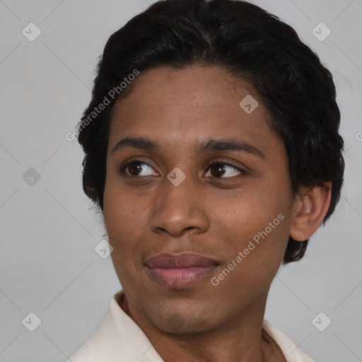 Joyful asian young-adult female with short  black hair and brown eyes