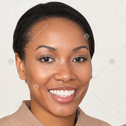 Joyful latino young-adult female with short  black hair and brown eyes