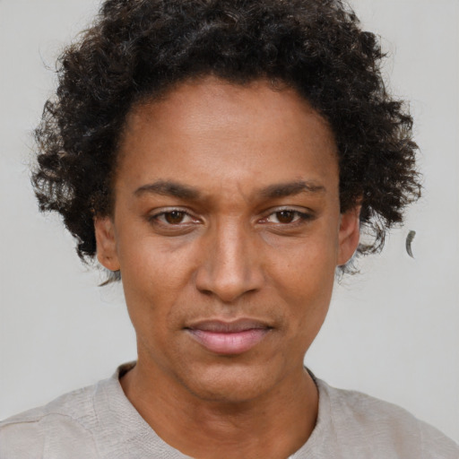 Neutral black adult female with short  brown hair and brown eyes