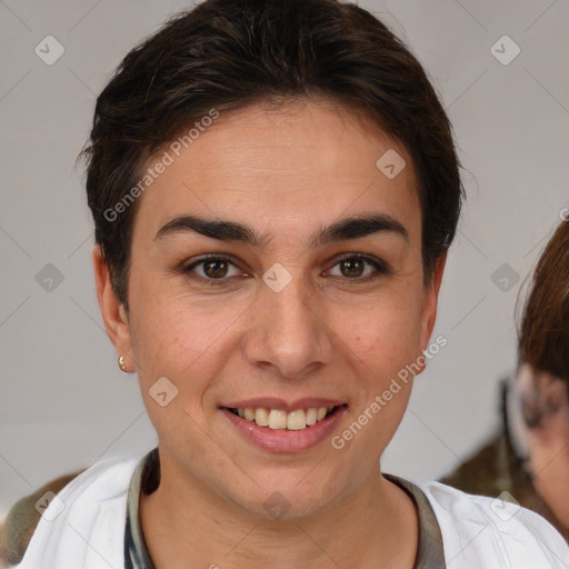 Joyful white young-adult female with short  brown hair and brown eyes