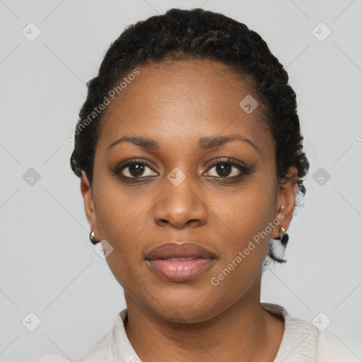 Neutral black young-adult female with short  black hair and brown eyes