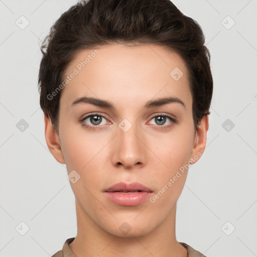 Neutral white young-adult female with short  brown hair and brown eyes