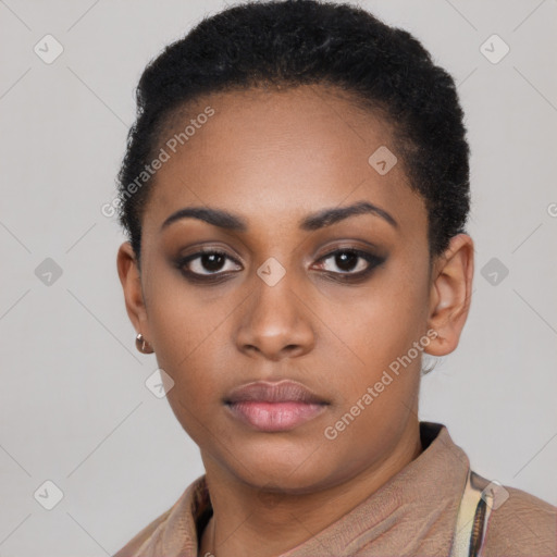 Neutral black young-adult female with short  brown hair and brown eyes