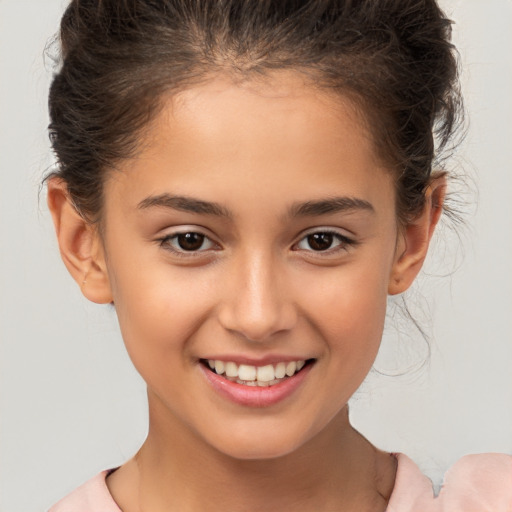 Joyful white child female with medium  brown hair and brown eyes