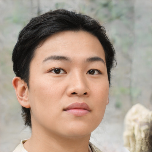 Neutral asian young-adult female with short  brown hair and brown eyes