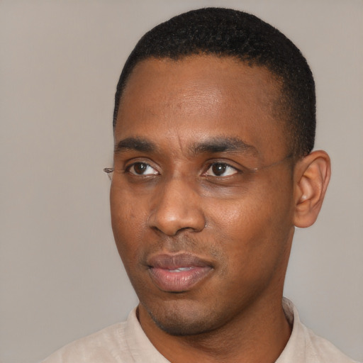 Neutral black young-adult male with short  black hair and brown eyes