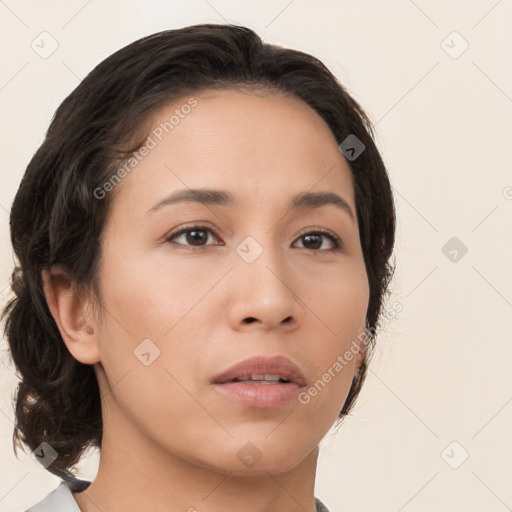 Neutral white young-adult female with medium  brown hair and brown eyes