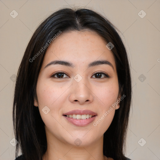 Joyful white young-adult female with long  brown hair and brown eyes