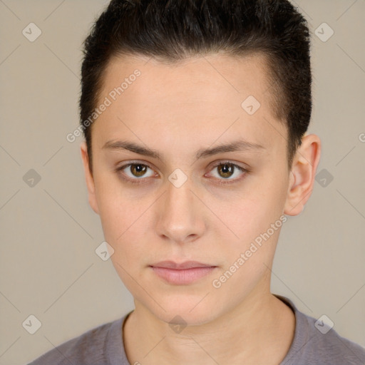 Neutral white young-adult female with short  brown hair and brown eyes