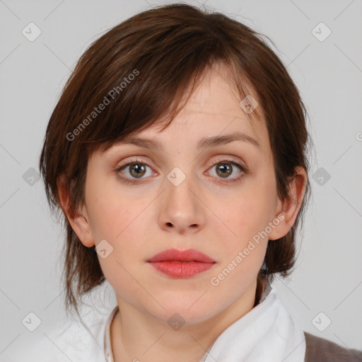 Neutral white young-adult female with medium  brown hair and brown eyes