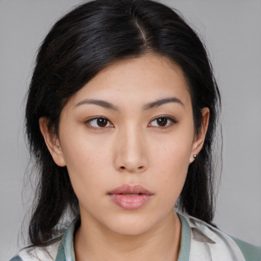 Neutral asian young-adult female with medium  black hair and brown eyes