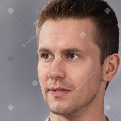 Neutral white adult male with short  brown hair and brown eyes