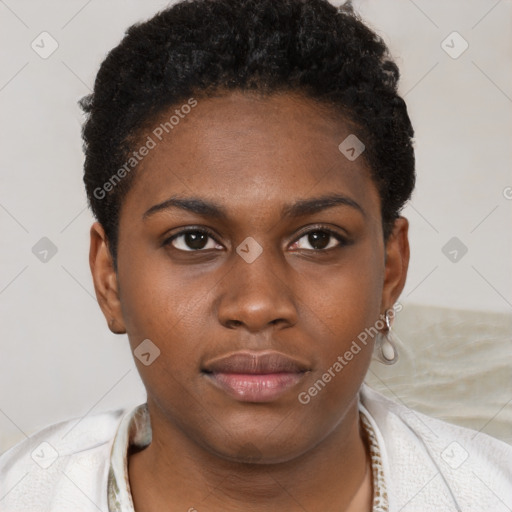 Neutral black young-adult female with short  brown hair and brown eyes