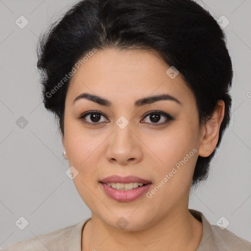 Joyful asian young-adult female with medium  black hair and brown eyes