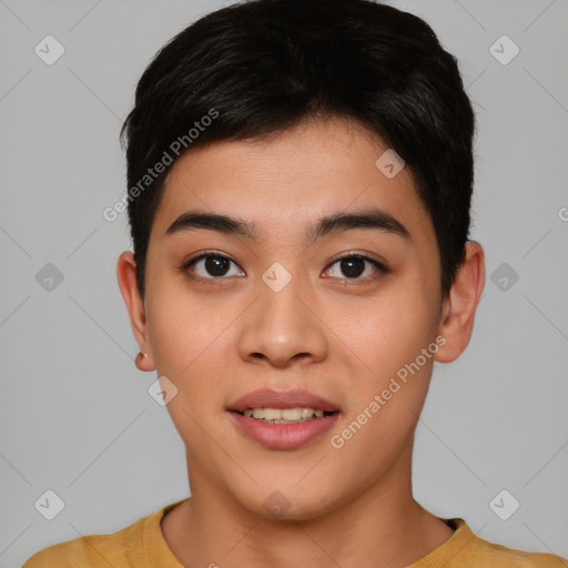 Joyful asian young-adult female with short  brown hair and brown eyes