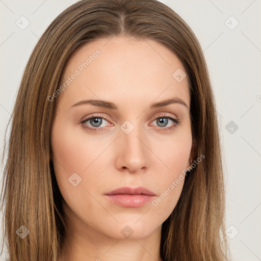 Neutral white young-adult female with long  brown hair and brown eyes