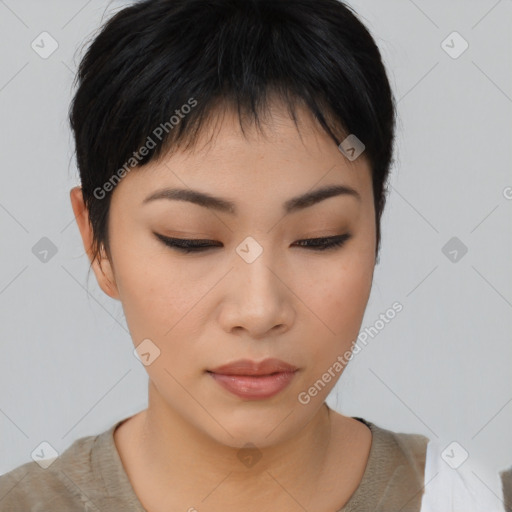 Neutral asian young-adult female with short  brown hair and brown eyes