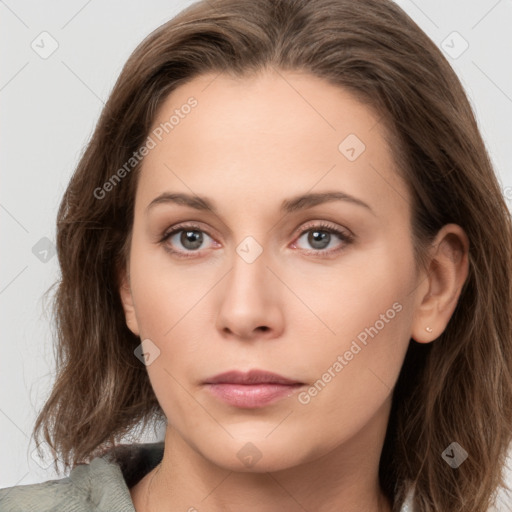 Neutral white young-adult female with long  brown hair and grey eyes