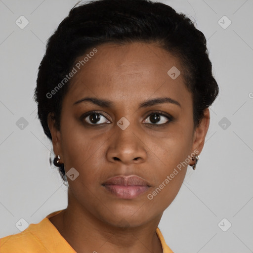 Neutral black young-adult female with short  black hair and brown eyes