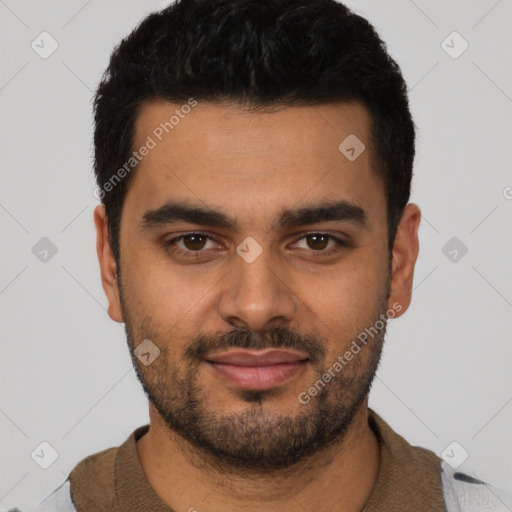Neutral latino young-adult male with short  black hair and brown eyes