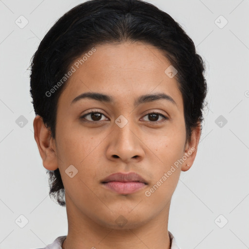 Joyful asian young-adult female with short  brown hair and brown eyes