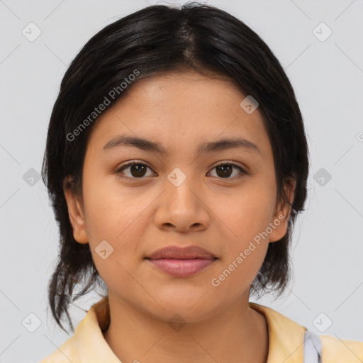 Joyful asian young-adult female with medium  black hair and brown eyes